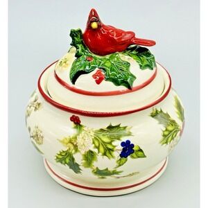 Portmeirion Holly Cardinal Ceramic Lidded Dish Handpainted Christmas 5.5 inch